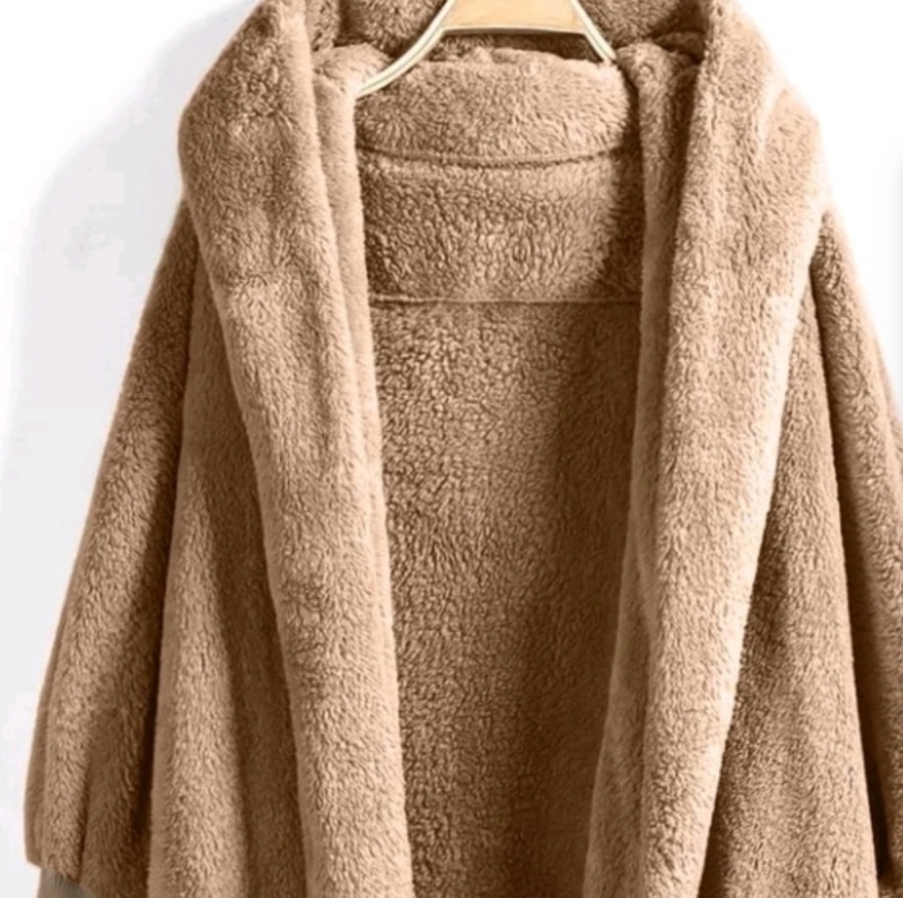 Hooded open front fluffy teddy coat